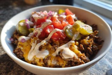 A close-up of a white bowl filled with a cheeseburger bowl featuring seasoned ground beef, melted cheese, pickles, tomatoes, onions, and a drizzle of sauce.