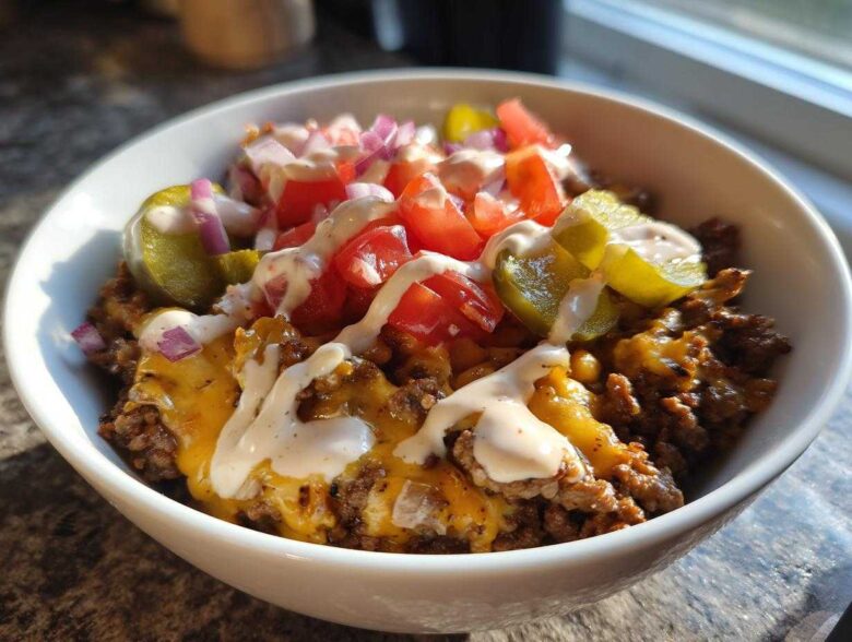 A close-up of a white bowl filled with a cheeseburger bowl featuring seasoned ground beef, melted cheese, pickles, tomatoes, onions, and a drizzle of sauce.