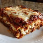 A thick, layered slice of baked eggplant parmesan with melted cheese and rich tomato sauce on a white plate.