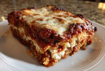 A thick, layered slice of baked eggplant parmesan with melted cheese and rich tomato sauce on a white plate.