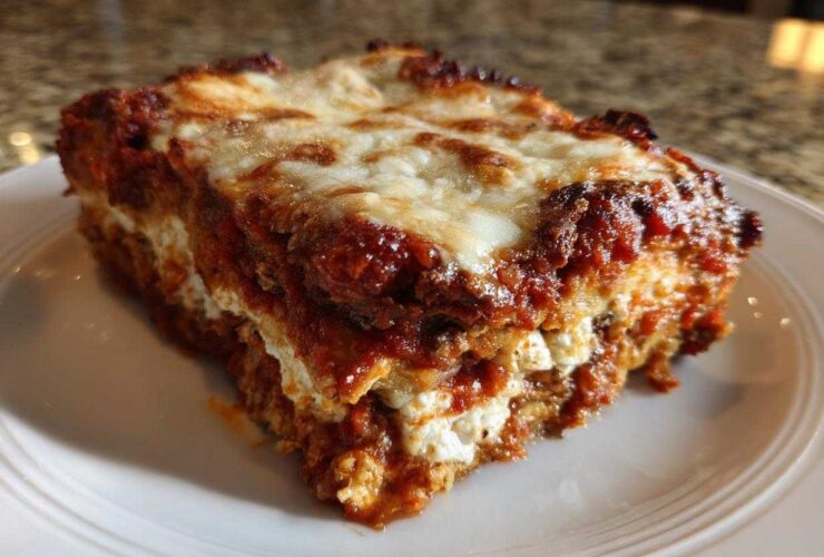 A thick, layered slice of baked eggplant parmesan with melted cheese and rich tomato sauce on a white plate.