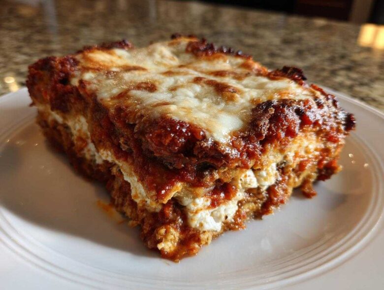 A thick, layered slice of baked eggplant parmesan with melted cheese and rich tomato sauce on a white plate.