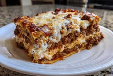 A thick, well-layered slice of homemade lasagna featuring rich meat sauce and melted mozzarella cheese.