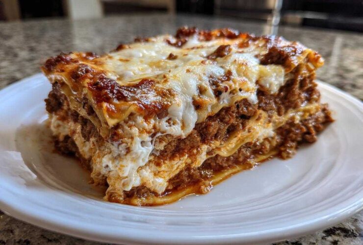 A thick, well-layered slice of homemade lasagna featuring rich meat sauce and melted mozzarella cheese.