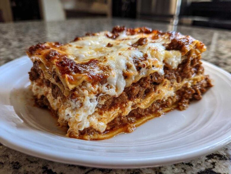 A thick, well-layered slice of homemade lasagna featuring rich meat sauce and melted mozzarella cheese.