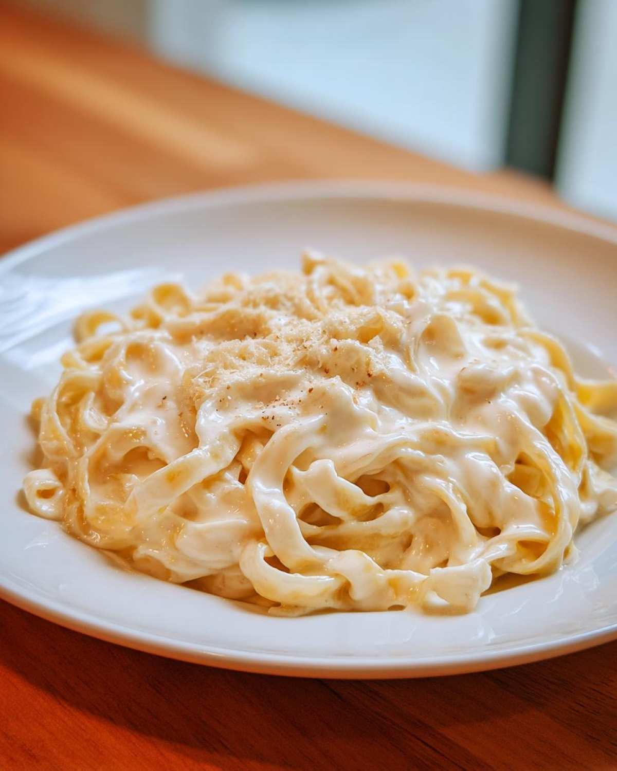 Close-up of fettuccine pasta coated in rich homemade alfredo sauce and topped with grated cheese.