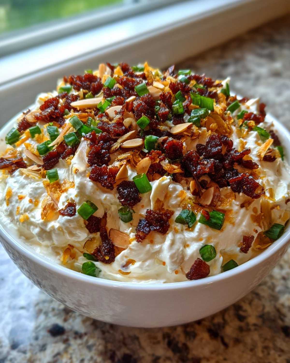A creamy Neiman Marcus dip served in a white bowl, topped generously with crumbled bacon, sliced almonds, and green onions.