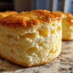A close-up view highlighting the flaky layers of a freshly baked buttermilk biscuit with a shiny, golden-brown top.