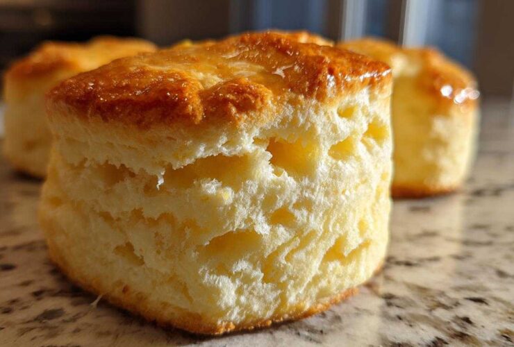 A close-up view highlighting the flaky layers of a freshly baked buttermilk biscuit with a shiny, golden-brown top.
