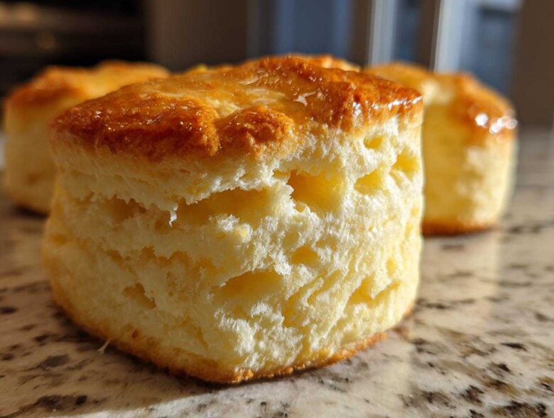A close-up view highlighting the flaky layers of a freshly baked buttermilk biscuit with a shiny, golden-brown top.
