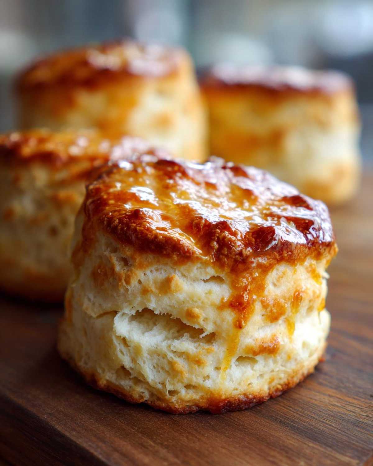 Close-up of a tall, flaky buttermilk biscuit with a shiny, golden-brown top glaze.