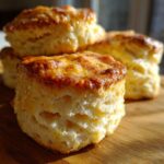 Close-up of tall, flaky buttermilk biscuits with a shiny, golden-brown top, resting on a wooden surface.