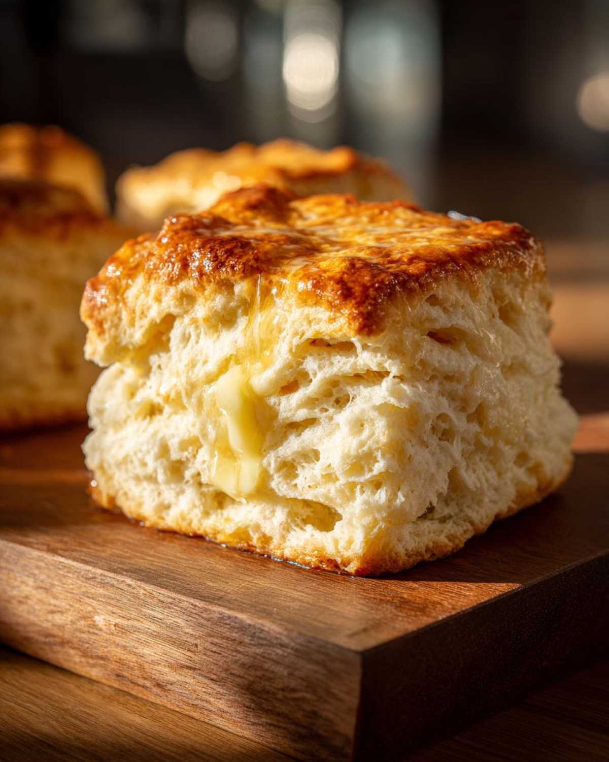 Close-up of a tall, flaky buttermilk biscuit topped with a golden-brown crust and melting butter.