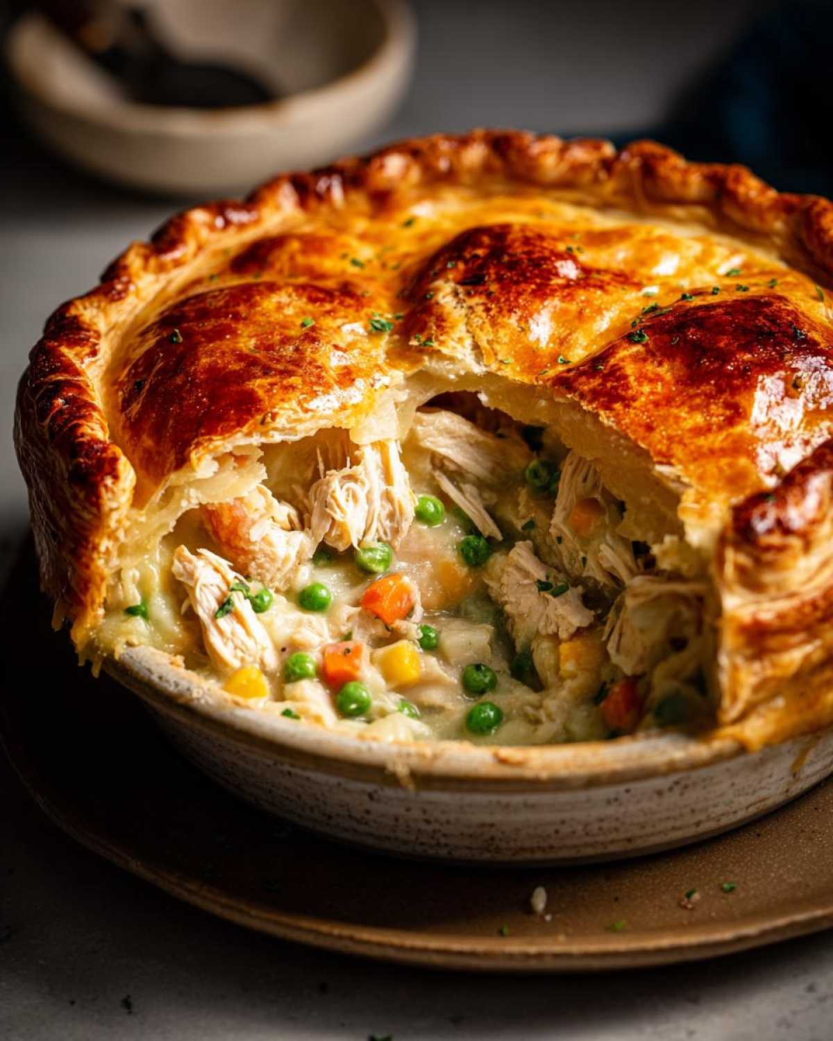 Close-up of a homemade turkey pot pie with a piece cut out, revealing shredded turkey, peas, carrots, and creamy filling under a golden, flaky crust.