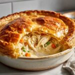 Close-up of a golden, flaky crust broken open to show the creamy filling of a turkey pot pie with shredded turkey and vegetables.