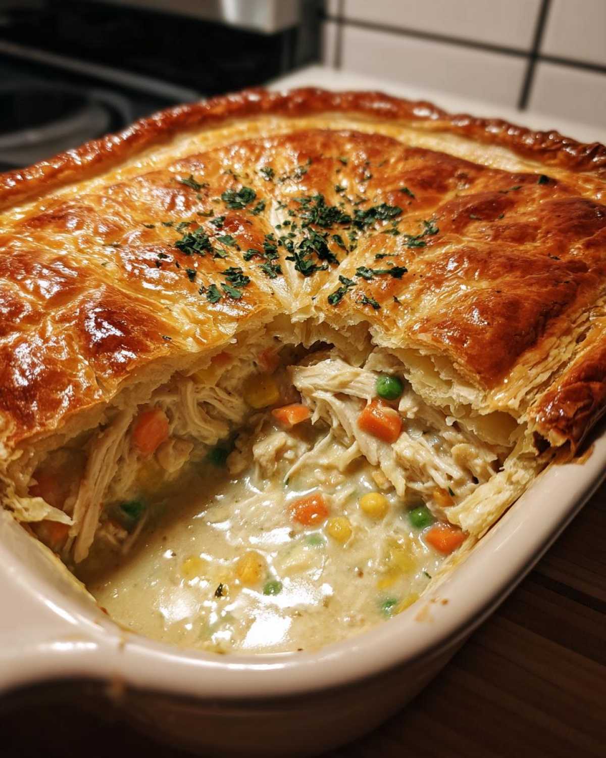 Close-up of a freshly baked turkey pot pie with a golden, flaky crust broken open to show creamy filling, shredded turkey, peas, carrots, and corn.