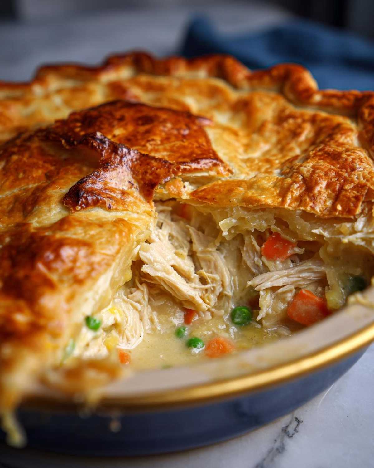 Close-up of a freshly baked turkey pot pie with a piece cut out, revealing shredded turkey, carrots, and peas in creamy sauce.