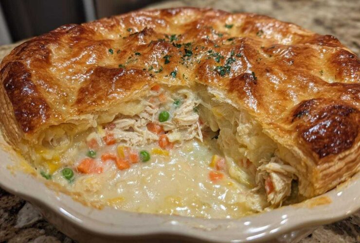A close-up of a freshly baked turkey pot pie with a slice removed, showing creamy filling, turkey, carrots, and peas under a golden, flaky crust.