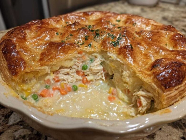 A close-up of a freshly baked turkey pot pie with a slice removed, showing creamy filling, turkey, carrots, and peas under a golden, flaky crust.