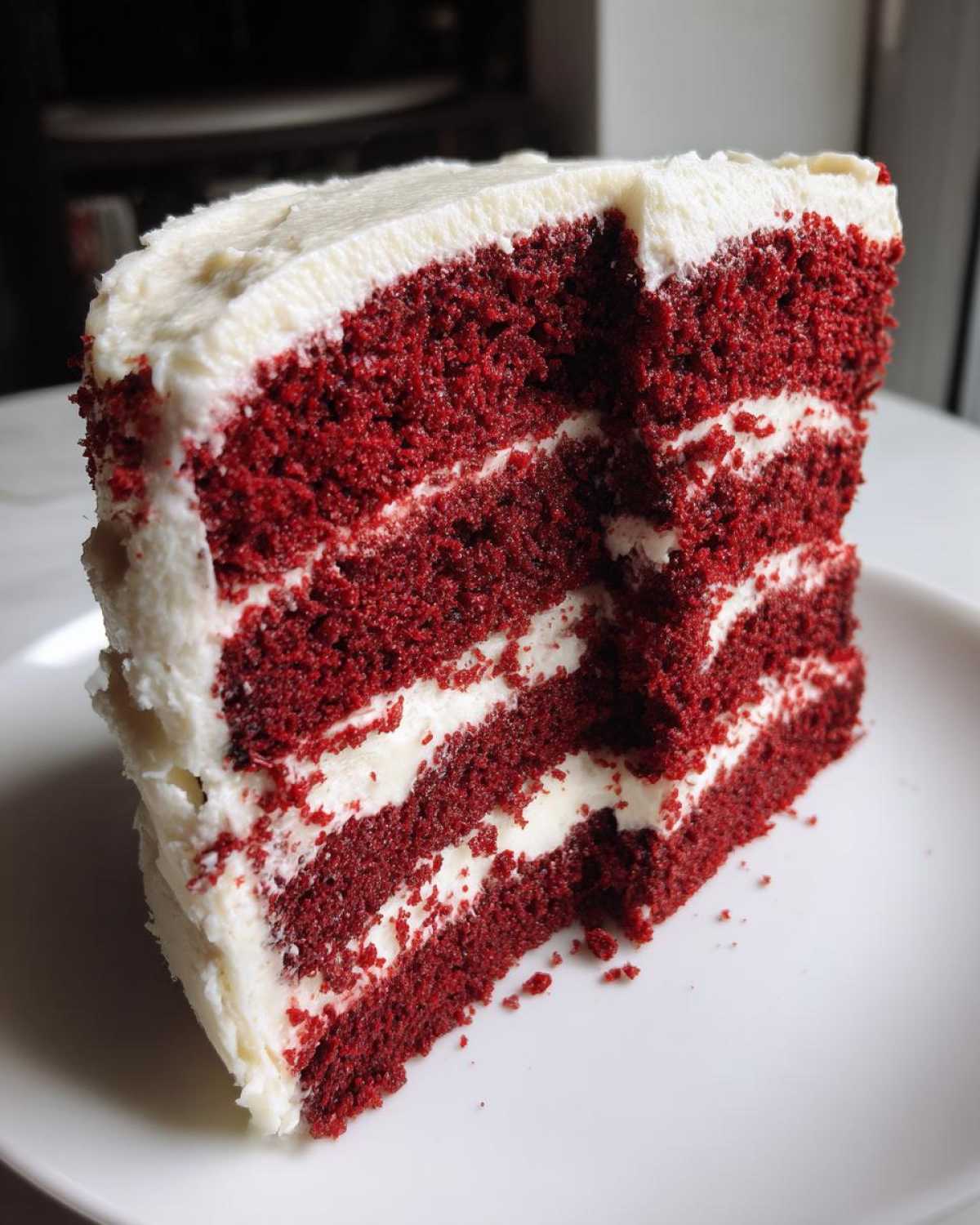 A tall, moist slice of red velvet cake showing four layers of deep red cake separated by thick white cream cheese frosting.