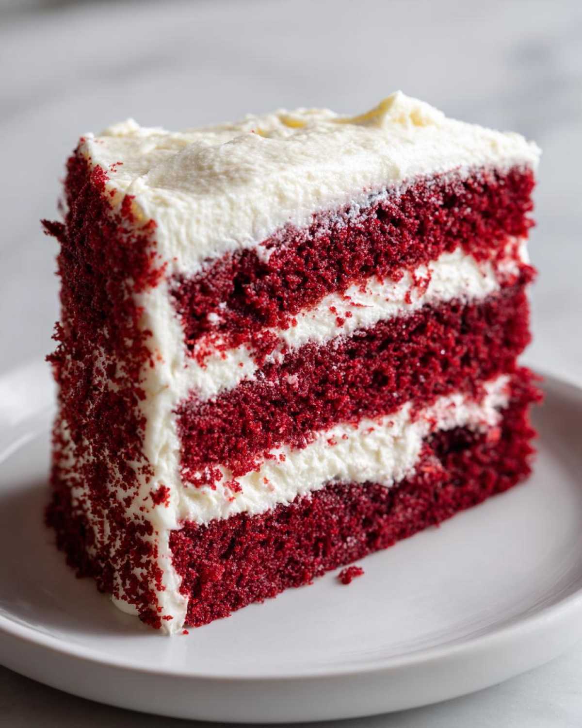 A tall, moist slice of red velvet cake with three layers of deep red sponge and thick cream cheese frosting.