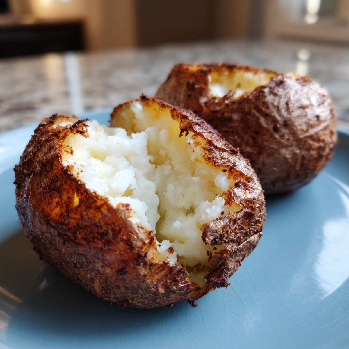 Close-up of a perfectly cooked air fryer baked potato, split open to show the fluffy white interior and crispy skin.