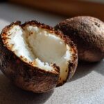 Close-up of a perfectly cooked air fryer baked potato, split open revealing a fluffy white interior and crispy dark skin.