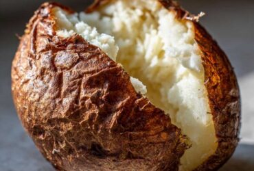 Close-up of a perfectly cooked air fryer baked potato split open to show fluffy white interior and crispy brown skin.