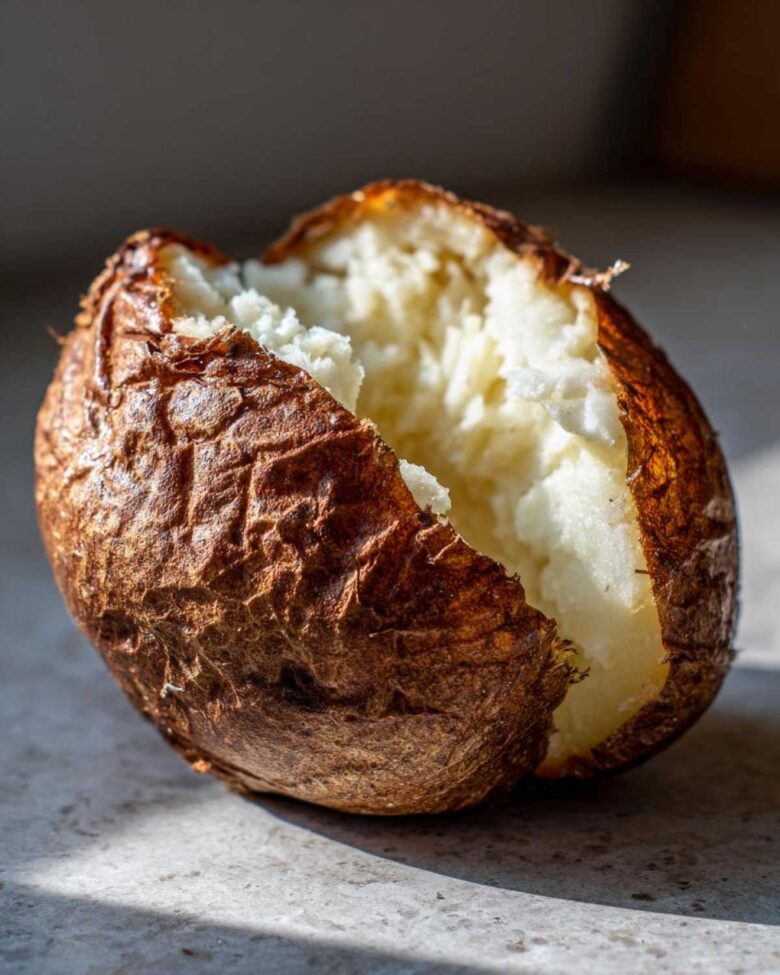 Close-up of a perfectly cooked air fryer baked potato split open to show fluffy white interior and crispy brown skin.