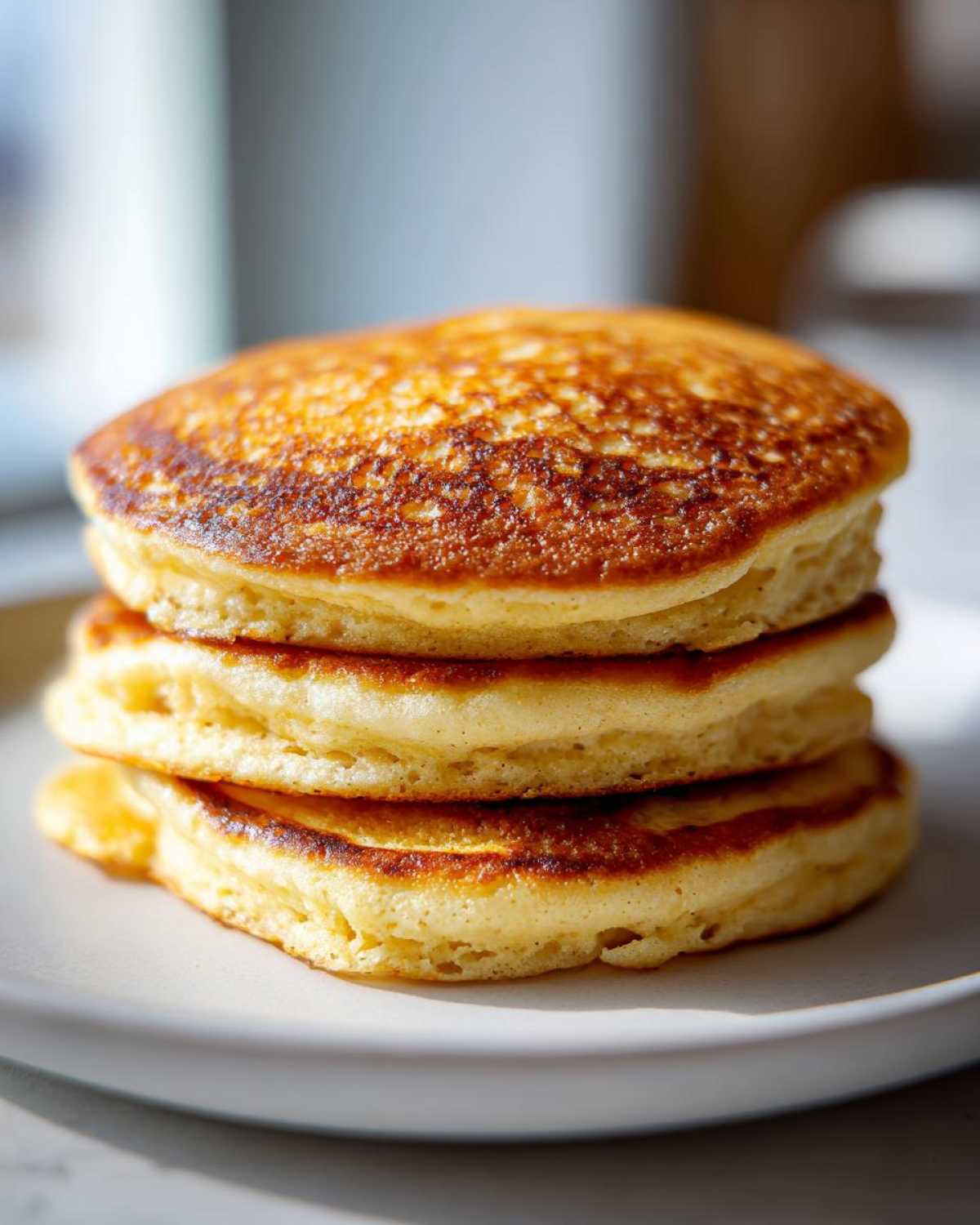 A close-up stack of three fluffy almond flour pancakes with golden brown tops on a white plate.