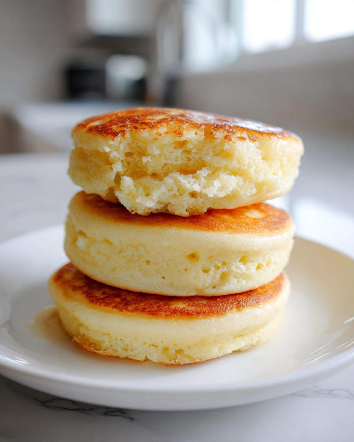 A close-up stack of three thick, fluffy almond flour pancakes with golden-brown edges.