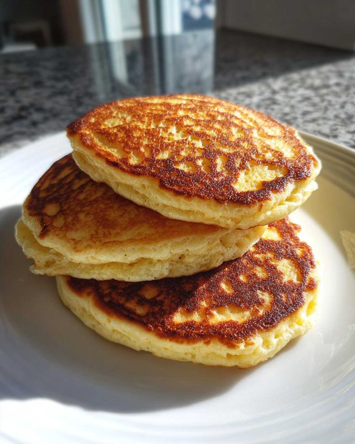 A stack of three golden-brown, fluffy almond flour pancakes served on a white plate.