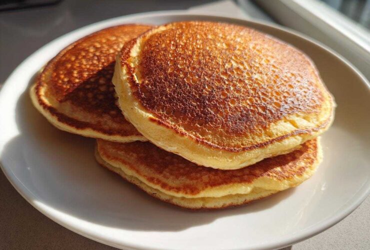 A stack of three golden-brown, fluffy almond flour pancakes on a white plate.