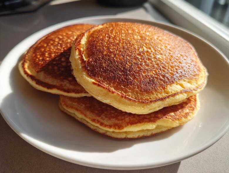 A stack of three golden-brown, fluffy almond flour pancakes on a white plate.
