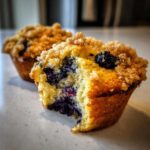 A close-up shot showing a bite taken out of a fluffy blueberry muffin with a crumbly streusel topping.