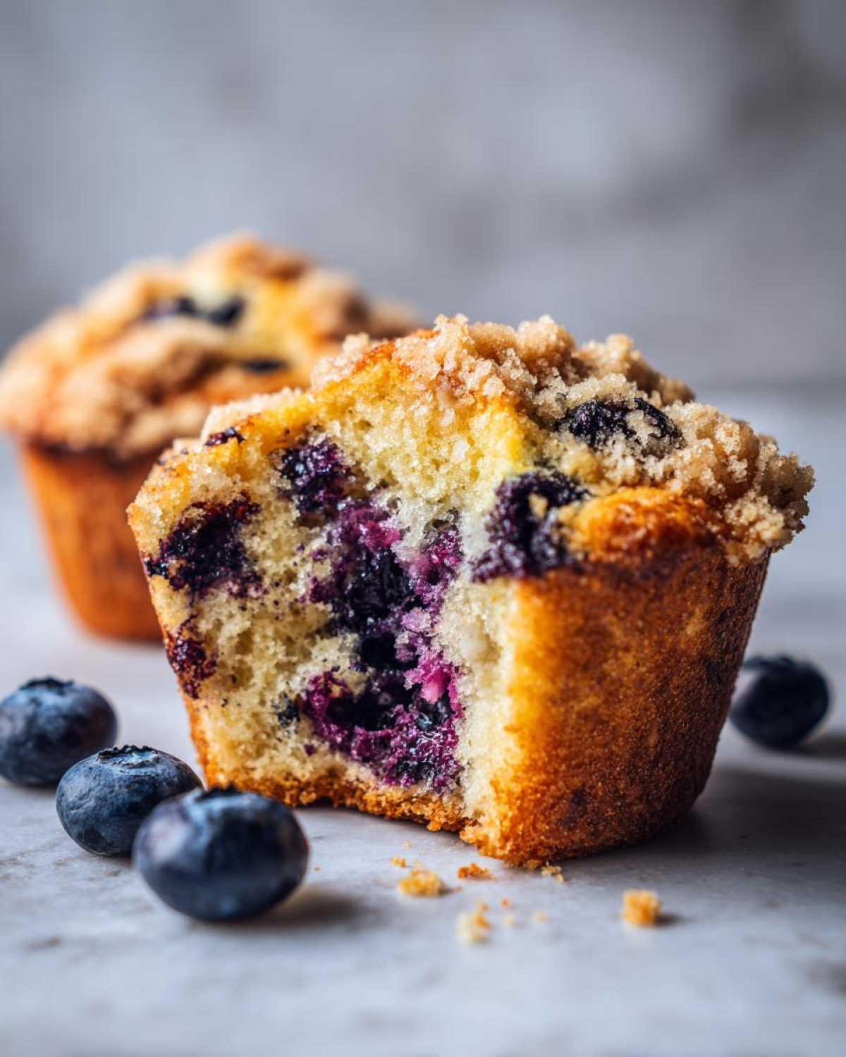 Close-up of a fluffy blueberry muffin cut in half, showing moist interior packed with blueberries and a crumbly streusel topping.