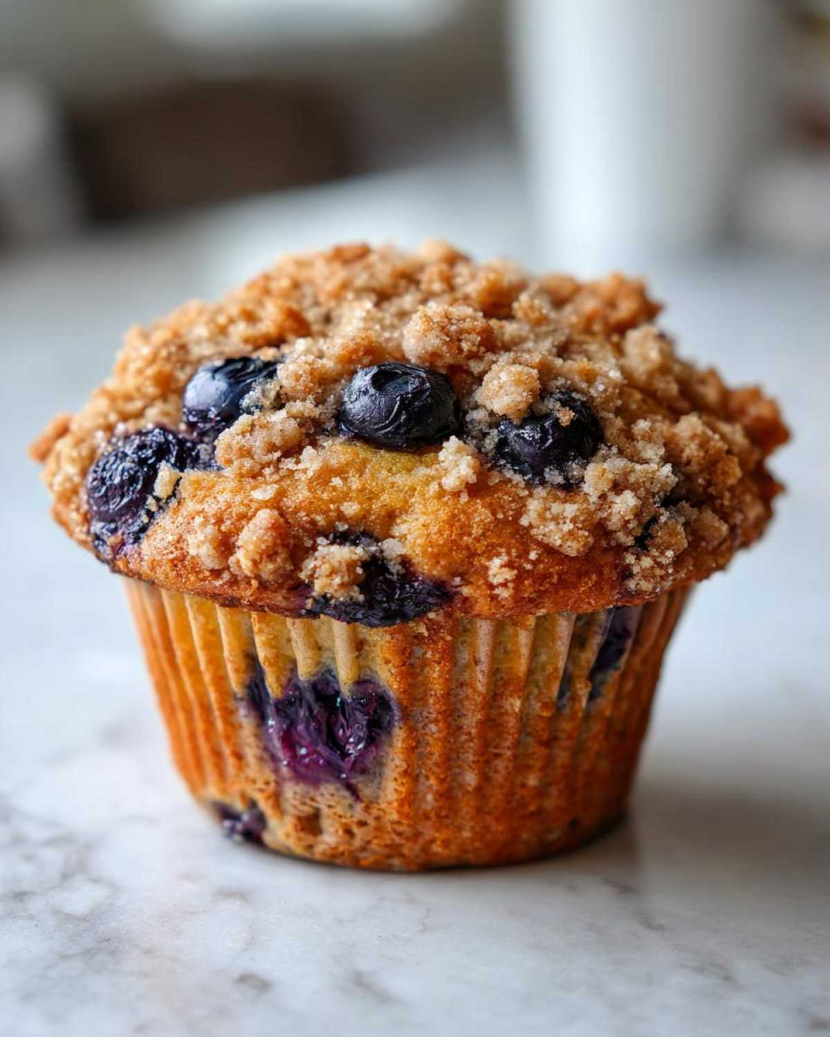 A close-up of a perfectly baked blueberry muffin topped with brown sugar streusel.