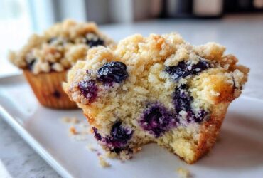 Close-up of a fluffy blueberry muffin cut in half, showing moist crumb and streusel topping.