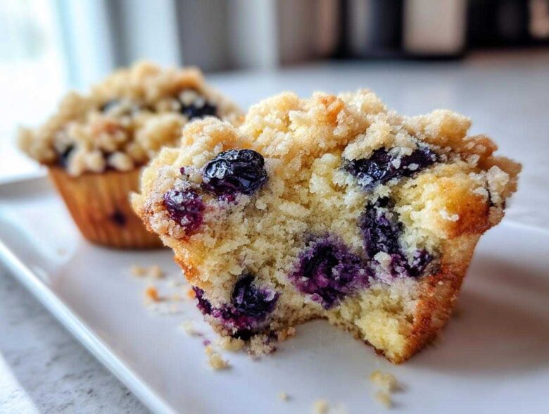 Close-up of a fluffy blueberry muffin cut in half, showing moist crumb and streusel topping.