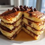A tall stack of fluffy chocolate chip pancakes, cut to show the interior, topped with chocolate chips and drizzled with syrup.