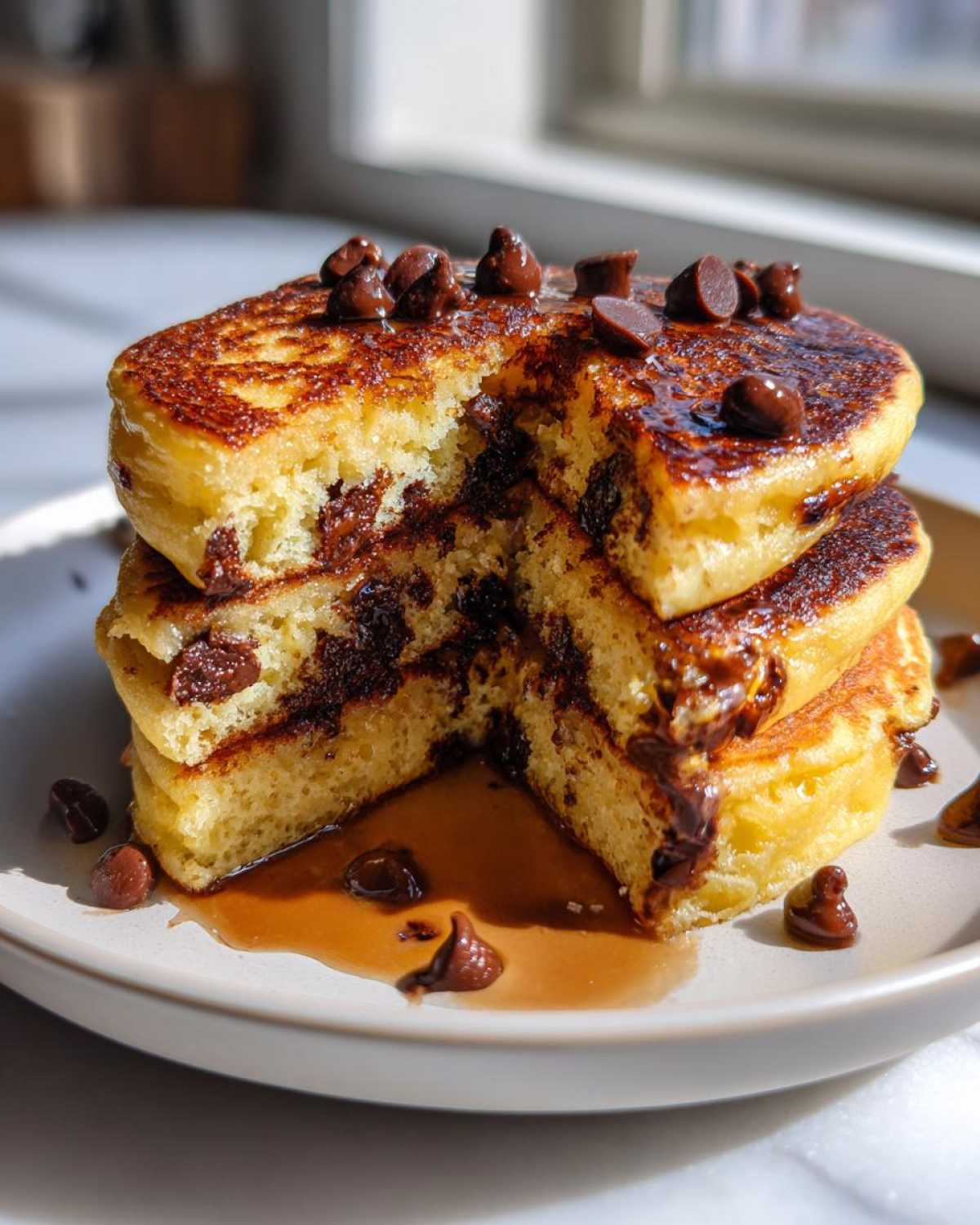 Close-up of a stack of fluffy chocolate chip pancakes cut open, drizzled with syrup and topped with chips.