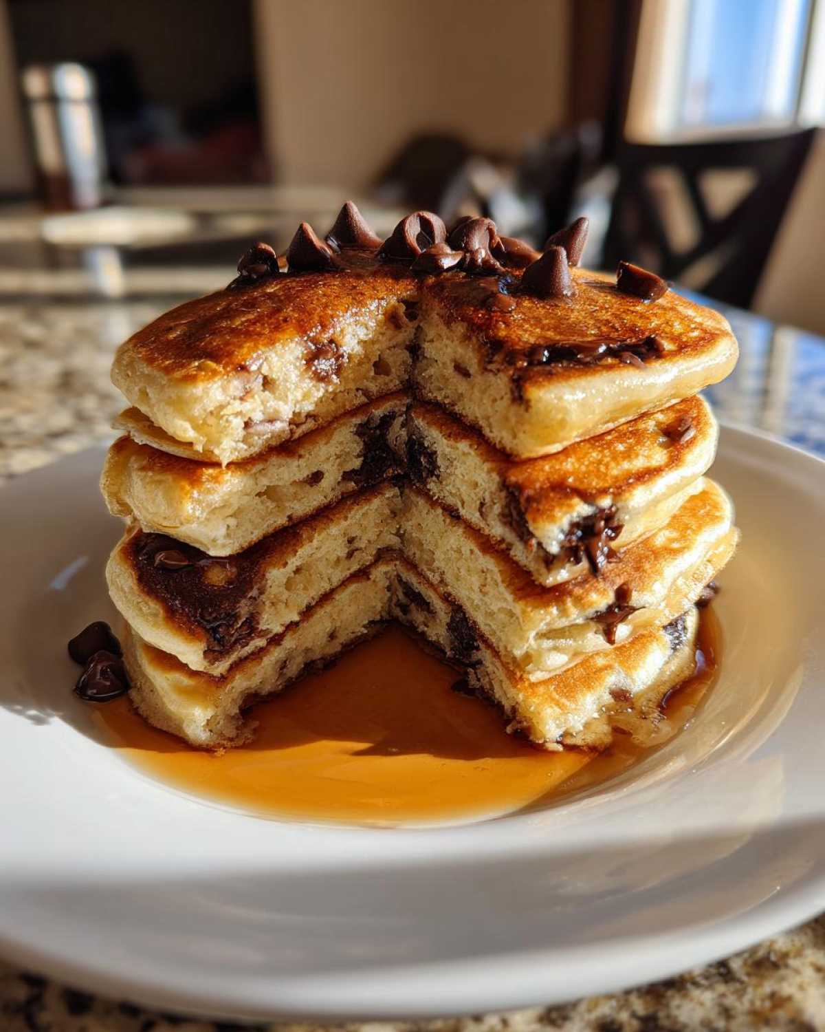 A tall stack of fluffy chocolate chip pancakes cut open, drizzled with syrup and topped with melted chocolate chips.