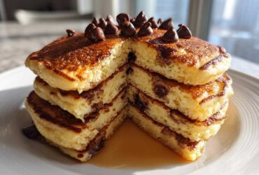 A tall stack of fluffy chocolate chip pancakes, cut to show the interior, topped with chocolate chips and drizzled with syrup.