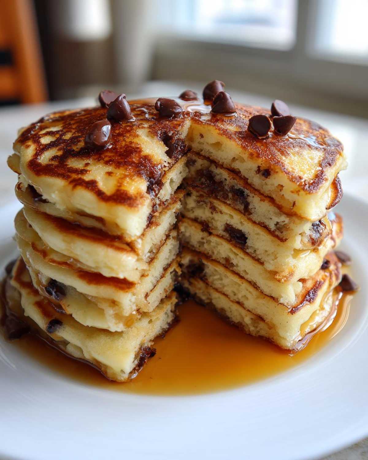 A tall stack of fluffy chocolate chip pancakes, cut to show the layers, drizzled with syrup and topped with chocolate chips.
