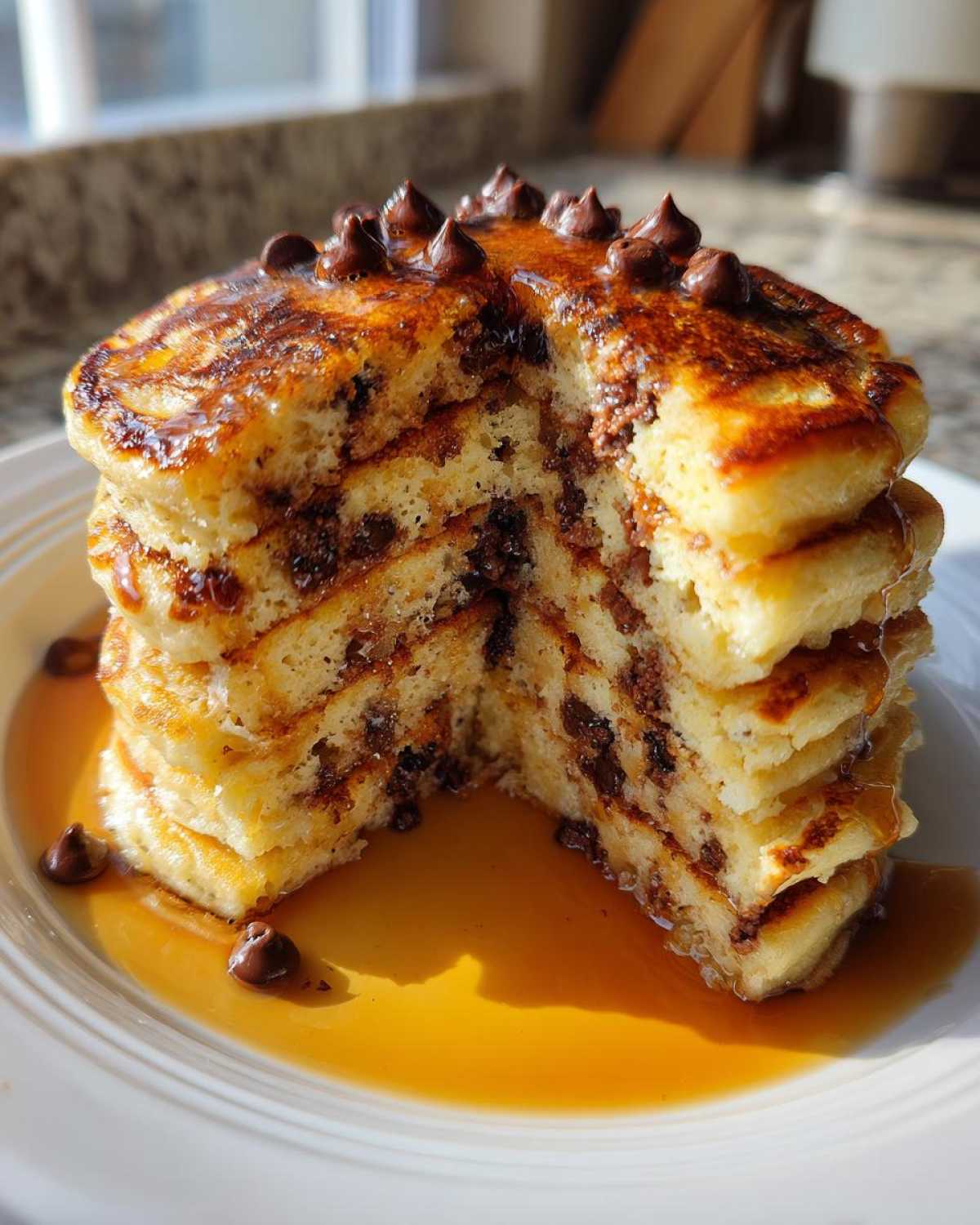 A tall stack of fluffy chocolate chip pancakes, cut open to show melted chips, drizzled with syrup.