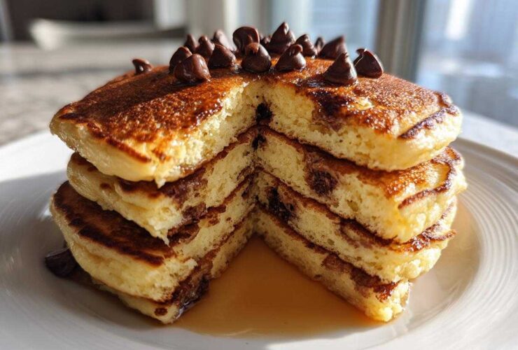 A tall stack of fluffy chocolate chip pancakes, cut to show the interior, topped with chocolate chips and drizzled with syrup.