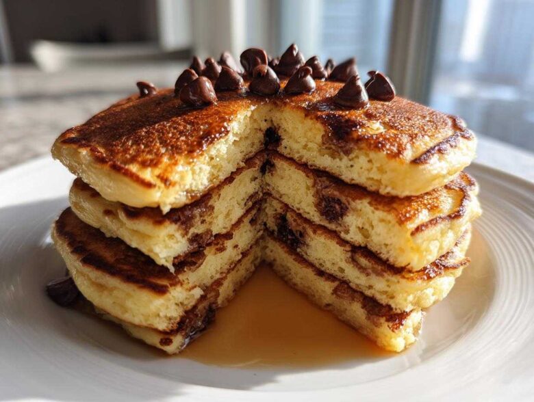 A tall stack of fluffy chocolate chip pancakes, cut to show the interior, topped with chocolate chips and drizzled with syrup.