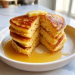 A tall stack of fluffy coconut flour pancakes, cut open to show the texture, topped with melting butter and syrup.