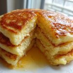 A thick stack of fluffy coconut flour pancakes cut open, drizzled with syrup pooling on the white plate.