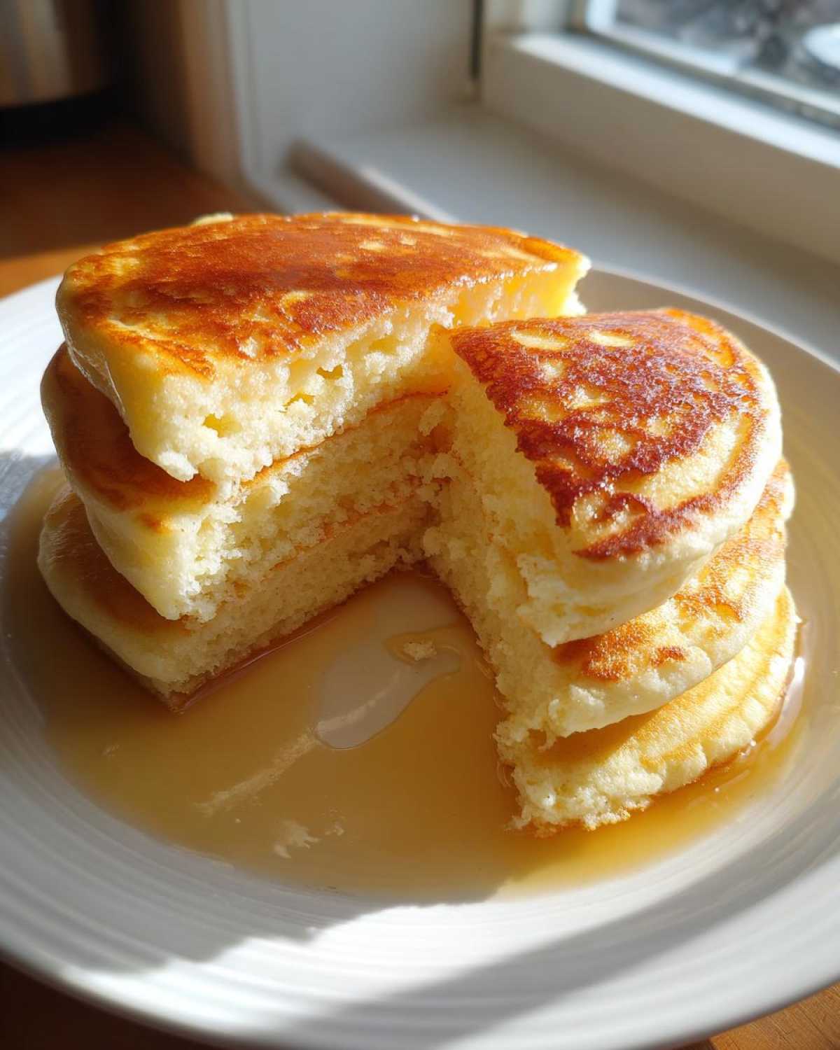 Close-up of a stack of fluffy coconut flour pancakes cut open, drizzled with syrup.
